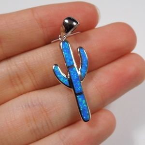 Blue Fire Opal Sterling SIlver Cactus Pendant